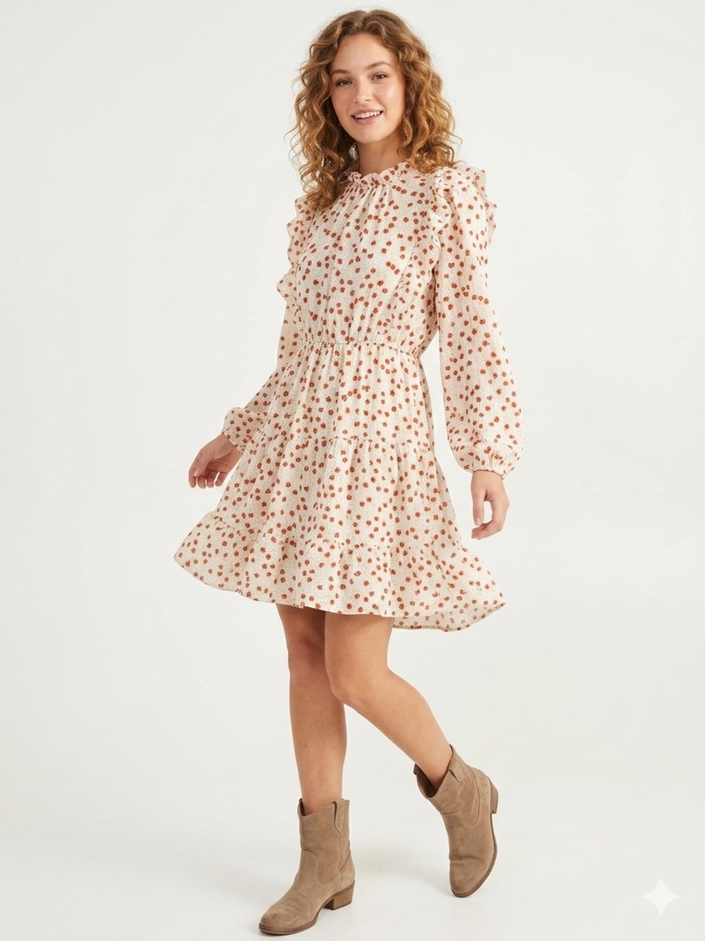 Nasty Gal Floral Ruffle Long Sleeve Mini Dress White/Red Size 6